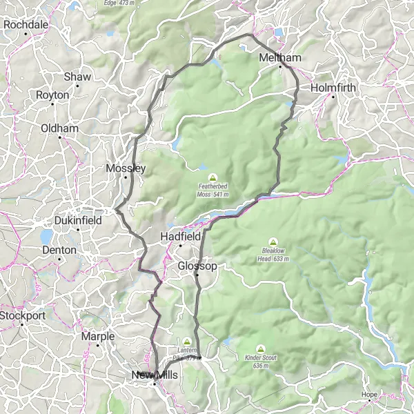 Map miniature of "The Charlesworth Challenge" cycling inspiration in Derbyshire and Nottinghamshire, United Kingdom. Generated by Tarmacs.app cycling route planner