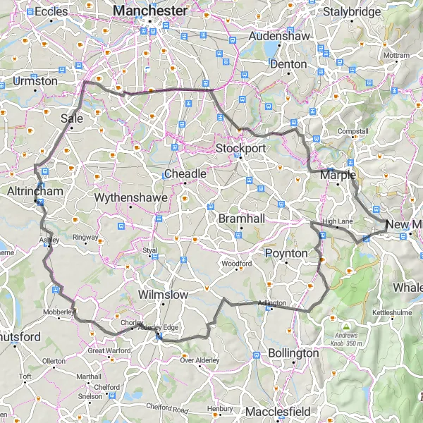 Map miniature of "The Disley Delight" cycling inspiration in Derbyshire and Nottinghamshire, United Kingdom. Generated by Tarmacs.app cycling route planner