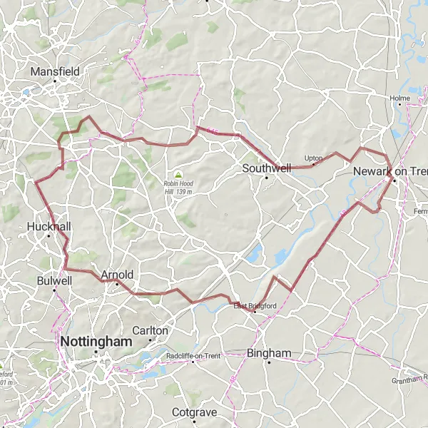 Map miniature of "Gravel Adventure in Nottinghamshire" cycling inspiration in Derbyshire and Nottinghamshire, United Kingdom. Generated by Tarmacs.app cycling route planner
