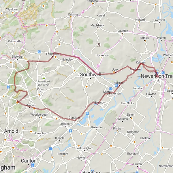 Map miniature of "The Gravel Path to Southwell" cycling inspiration in Derbyshire and Nottinghamshire, United Kingdom. Generated by Tarmacs.app cycling route planner