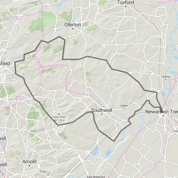 Map miniature of "Country Road Cycling Adventure" cycling inspiration in Derbyshire and Nottinghamshire, United Kingdom. Generated by Tarmacs.app cycling route planner