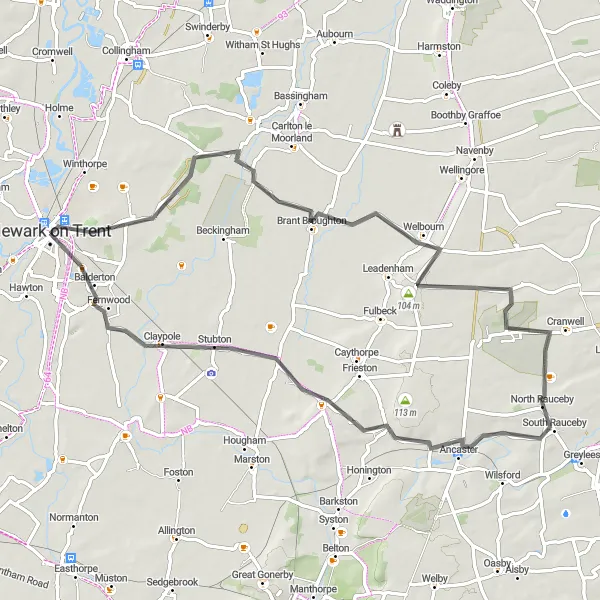 Map miniature of "The Lincolnshire Loop" cycling inspiration in Derbyshire and Nottinghamshire, United Kingdom. Generated by Tarmacs.app cycling route planner