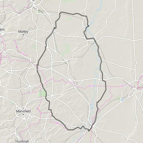 Map miniature of "The Nottinghamshire Odyssey" cycling inspiration in Derbyshire and Nottinghamshire, United Kingdom. Generated by Tarmacs.app cycling route planner