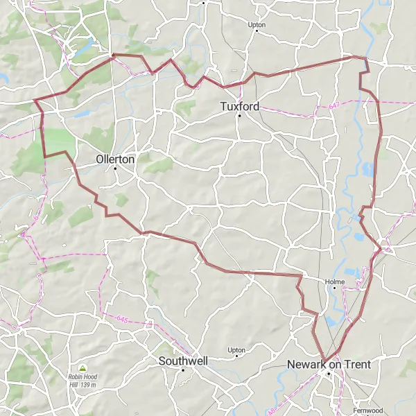 Map miniature of "North Collingham Gravel Loop" cycling inspiration in Derbyshire and Nottinghamshire, United Kingdom. Generated by Tarmacs.app cycling route planner