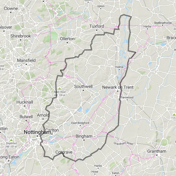 Map miniature of "North Collingham Gravel Route" cycling inspiration in Derbyshire and Nottinghamshire, United Kingdom. Generated by Tarmacs.app cycling route planner