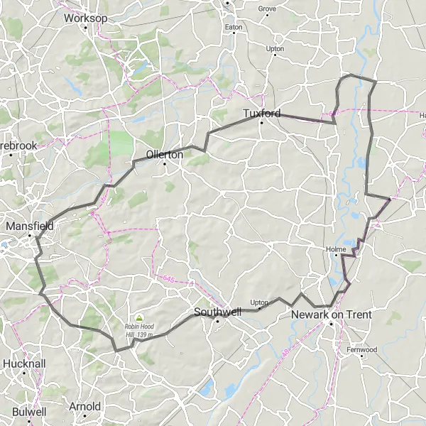 Map miniature of "The Southwell Challenge" cycling inspiration in Derbyshire and Nottinghamshire, United Kingdom. Generated by Tarmacs.app cycling route planner