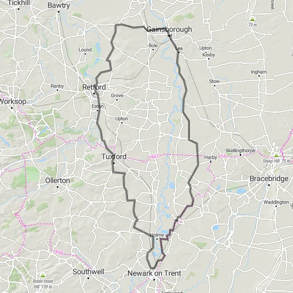 Map miniature of "The Gainsborough Adventure" cycling inspiration in Derbyshire and Nottinghamshire, United Kingdom. Generated by Tarmacs.app cycling route planner