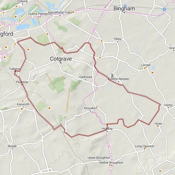 Map miniature of "Windmill Hill and Cropwell Bishop Gravel Route" cycling inspiration in Derbyshire and Nottinghamshire, United Kingdom. Generated by Tarmacs.app cycling route planner