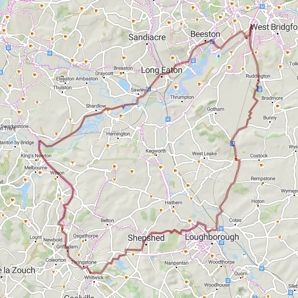 Map miniature of "Ruddington and Bellevue Hill Gravel Route" cycling inspiration in Derbyshire and Nottinghamshire, United Kingdom. Generated by Tarmacs.app cycling route planner