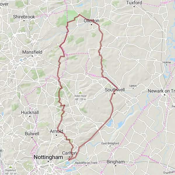 Map miniature of "Scenic Gravel Adventure in Nottinghamshire" cycling inspiration in Derbyshire and Nottinghamshire, United Kingdom. Generated by Tarmacs.app cycling route planner