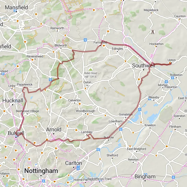 Map miniature of "Picturesque Gravel Loop in Nottinghamshire" cycling inspiration in Derbyshire and Nottinghamshire, United Kingdom. Generated by Tarmacs.app cycling route planner