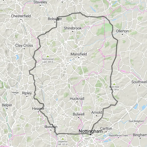 Map miniature of "Northeast Nottinghamshire and Derbyshire Road Cycling Challenge" cycling inspiration in Derbyshire and Nottinghamshire, United Kingdom. Generated by Tarmacs.app cycling route planner