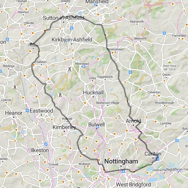 Map miniature of "Nottinghamshire Adventure" cycling inspiration in Derbyshire and Nottinghamshire, United Kingdom. Generated by Tarmacs.app cycling route planner