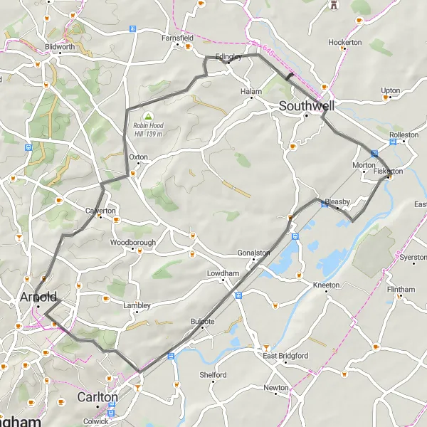 Map miniature of "Exploring the Nottinghamshire Countryside" cycling inspiration in Derbyshire and Nottinghamshire, United Kingdom. Generated by Tarmacs.app cycling route planner