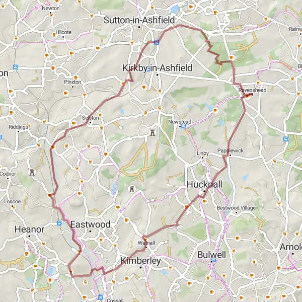 Map miniature of "Ravenshead Gravel Loop" cycling inspiration in Derbyshire and Nottinghamshire, United Kingdom. Generated by Tarmacs.app cycling route planner