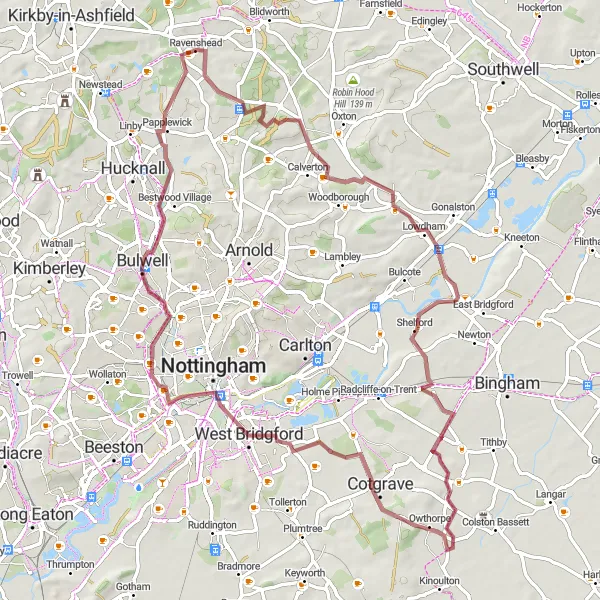 Map miniature of "Nottinghamshire Gravel Adventure" cycling inspiration in Derbyshire and Nottinghamshire, United Kingdom. Generated by Tarmacs.app cycling route planner