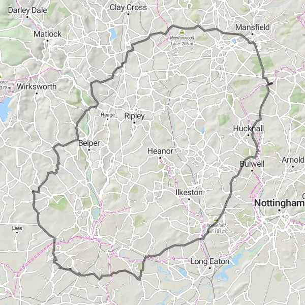 Map miniature of "Hills, Dales and Historic Landmarks" cycling inspiration in Derbyshire and Nottinghamshire, United Kingdom. Generated by Tarmacs.app cycling route planner