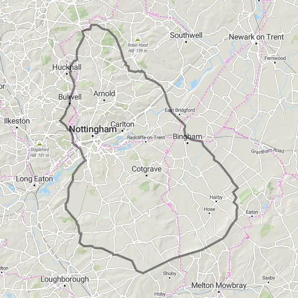 Map miniature of "Valleys, Villages and Country Parks" cycling inspiration in Derbyshire and Nottinghamshire, United Kingdom. Generated by Tarmacs.app cycling route planner