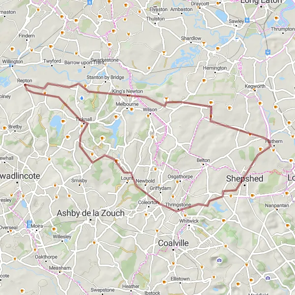 Map miniature of "Donington Park and Coleorton Gravel Route" cycling inspiration in Derbyshire and Nottinghamshire, United Kingdom. Generated by Tarmacs.app cycling route planner