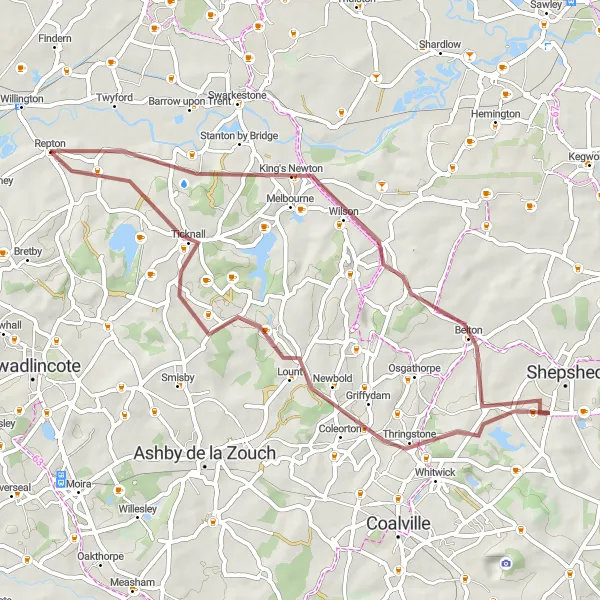 Map miniature of "Melbourne and Calke Gravel Route" cycling inspiration in Derbyshire and Nottinghamshire, United Kingdom. Generated by Tarmacs.app cycling route planner