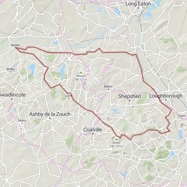 Map miniature of "Donington Park and Bardon Hill Gravel Ride" cycling inspiration in Derbyshire and Nottinghamshire, United Kingdom. Generated by Tarmacs.app cycling route planner