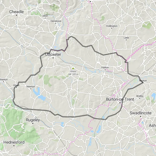 Map miniature of "Burton-on-Trent and Marston Montgomery Road Route" cycling inspiration in Derbyshire and Nottinghamshire, United Kingdom. Generated by Tarmacs.app cycling route planner