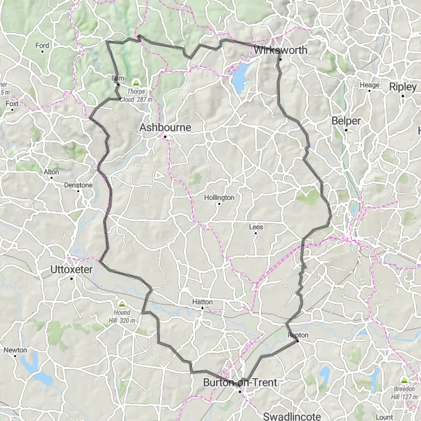 Map miniature of "Newton Solney and Alsop en le Dale Road Route" cycling inspiration in Derbyshire and Nottinghamshire, United Kingdom. Generated by Tarmacs.app cycling route planner