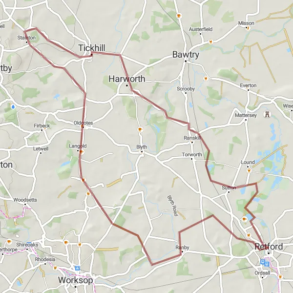 Map miniature of "Picturesque Gravel Ride through Derbyshire and Nottinghamshire" cycling inspiration in Derbyshire and Nottinghamshire, United Kingdom. Generated by Tarmacs.app cycling route planner