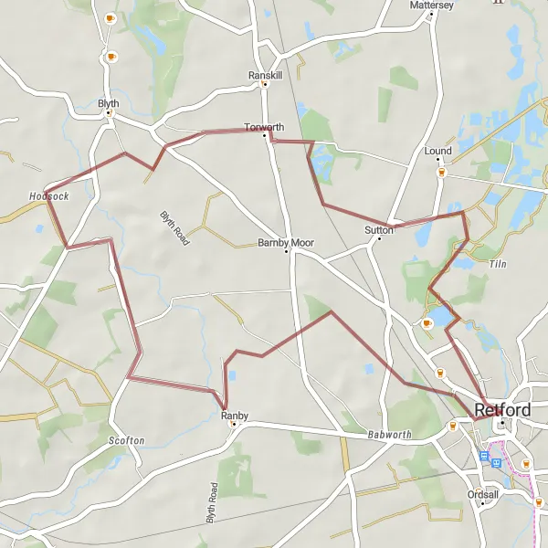 Map miniature of "Retford Gravel Delight" cycling inspiration in Derbyshire and Nottinghamshire, United Kingdom. Generated by Tarmacs.app cycling route planner