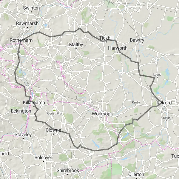 Map miniature of "The Ultimate Road Cycling Challenge: Retford to Gainsborough" cycling inspiration in Derbyshire and Nottinghamshire, United Kingdom. Generated by Tarmacs.app cycling route planner