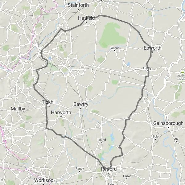 Map miniature of "Retford to Clarborough Trail" cycling inspiration in Derbyshire and Nottinghamshire, United Kingdom. Generated by Tarmacs.app cycling route planner
