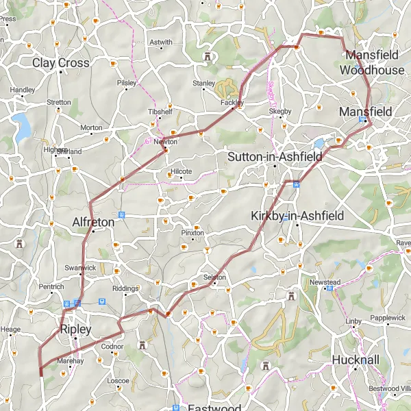 Map miniature of "Ripley and Ironville Gravel Route" cycling inspiration in Derbyshire and Nottinghamshire, United Kingdom. Generated by Tarmacs.app cycling route planner