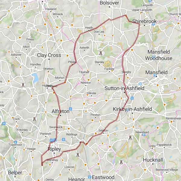 Map miniature of "Ripley to Codnor Castle Gravel Route" cycling inspiration in Derbyshire and Nottinghamshire, United Kingdom. Generated by Tarmacs.app cycling route planner