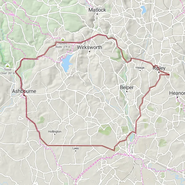Map miniature of "Little Eaton and Bolehill Gravel Route" cycling inspiration in Derbyshire and Nottinghamshire, United Kingdom. Generated by Tarmacs.app cycling route planner