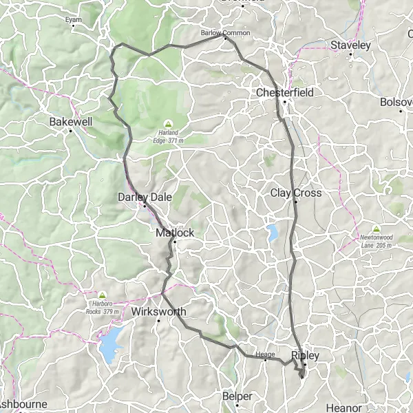 Map miniature of "Ripley and Cromford Loop" cycling inspiration in Derbyshire and Nottinghamshire, United Kingdom. Generated by Tarmacs.app cycling route planner