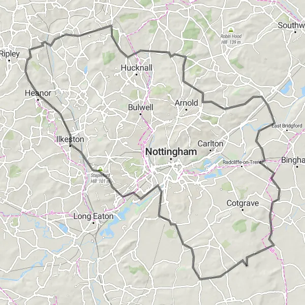 Map miniature of "Ironville to Heanor Epic Ride" cycling inspiration in Derbyshire and Nottinghamshire, United Kingdom. Generated by Tarmacs.app cycling route planner