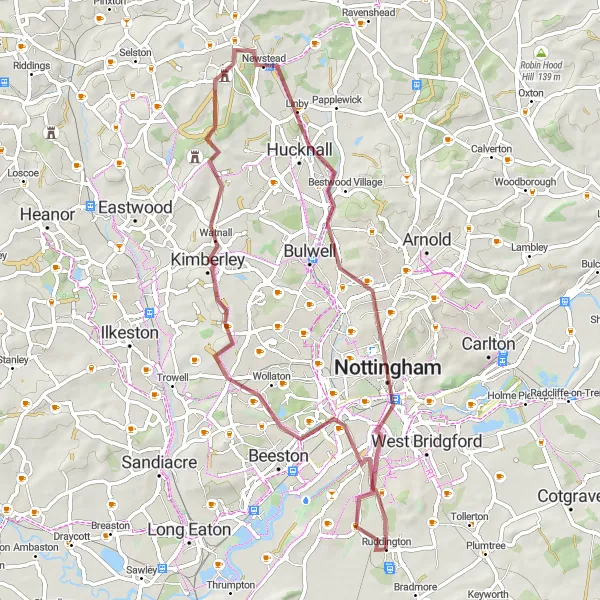 Map miniature of "Windmill Lover Gravel Route" cycling inspiration in Derbyshire and Nottinghamshire, United Kingdom. Generated by Tarmacs.app cycling route planner