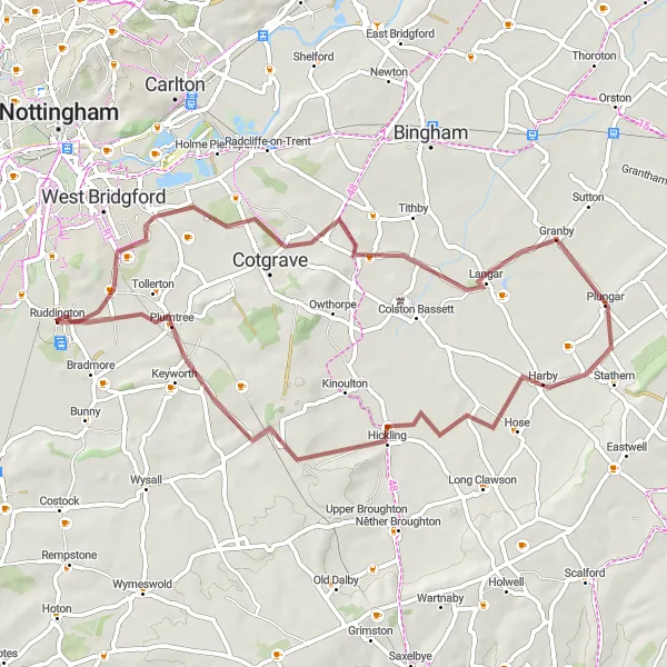 Map miniature of "Ruddington to Windmill Hill and back" cycling inspiration in Derbyshire and Nottinghamshire, United Kingdom. Generated by Tarmacs.app cycling route planner