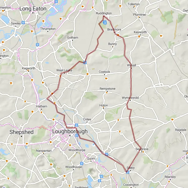 Map miniature of "Charming Loughborough Gravel Ride" cycling inspiration in Derbyshire and Nottinghamshire, United Kingdom. Generated by Tarmacs.app cycling route planner