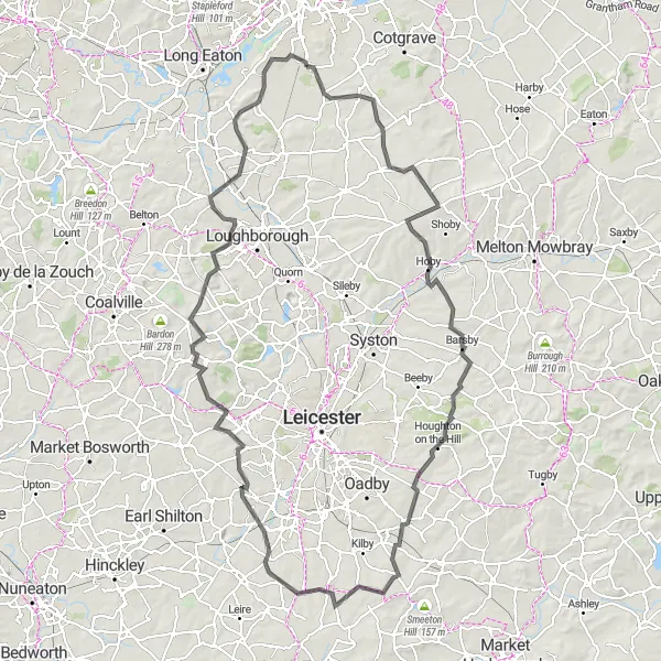 Map miniature of "Leicestershire Delight Road Loop" cycling inspiration in Derbyshire and Nottinghamshire, United Kingdom. Generated by Tarmacs.app cycling route planner