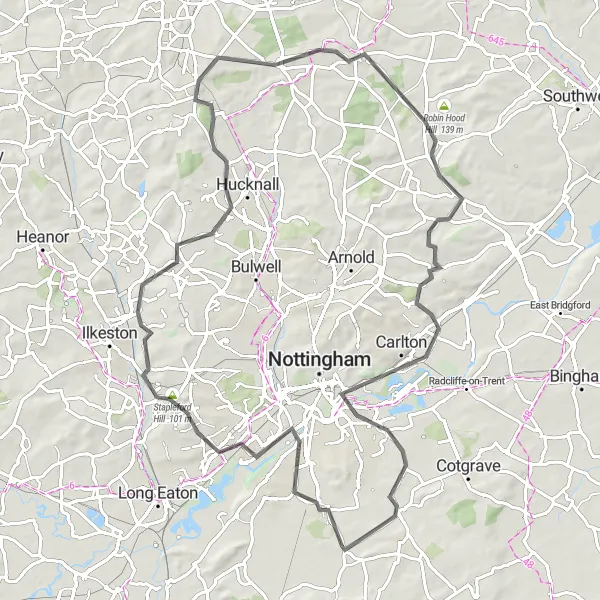 Map miniature of "Scenic Nottinghamshire Road Ride" cycling inspiration in Derbyshire and Nottinghamshire, United Kingdom. Generated by Tarmacs.app cycling route planner