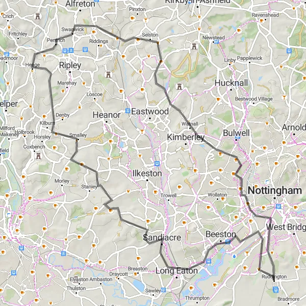 Map miniature of "Ruddington to Long Eaton and back" cycling inspiration in Derbyshire and Nottinghamshire, United Kingdom. Generated by Tarmacs.app cycling route planner