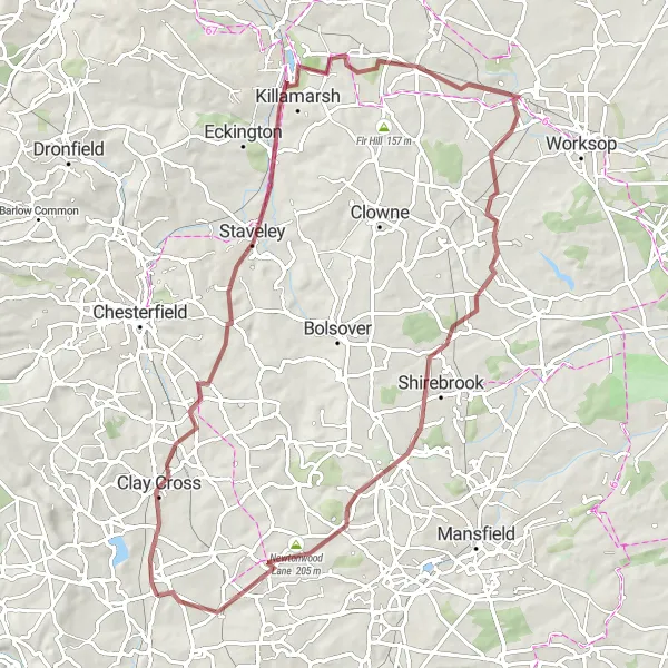 Map miniature of "The Clay Cross Gravel Loop" cycling inspiration in Derbyshire and Nottinghamshire, United Kingdom. Generated by Tarmacs.app cycling route planner