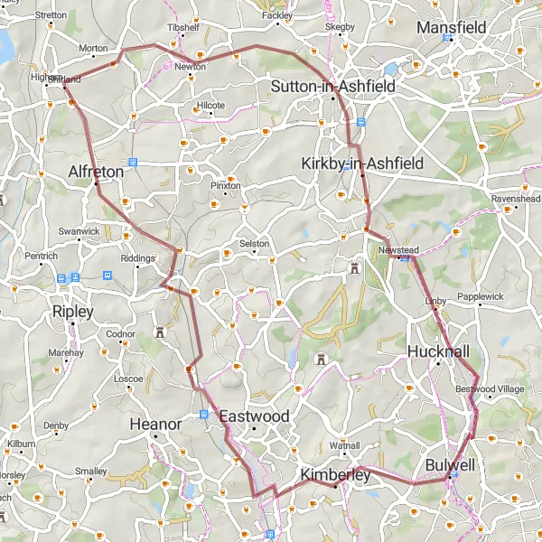 Map miniature of "Nature and Tranquility" cycling inspiration in Derbyshire and Nottinghamshire, United Kingdom. Generated by Tarmacs.app cycling route planner