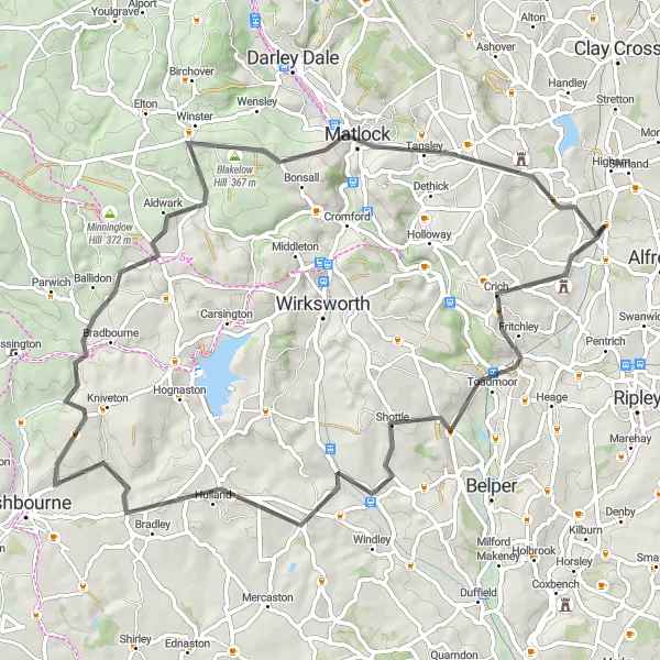 Map miniature of "Discover Matlock" cycling inspiration in Derbyshire and Nottinghamshire, United Kingdom. Generated by Tarmacs.app cycling route planner