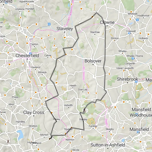 Map miniature of "Temple Normanton to Newtonwood Lane" cycling inspiration in Derbyshire and Nottinghamshire, United Kingdom. Generated by Tarmacs.app cycling route planner