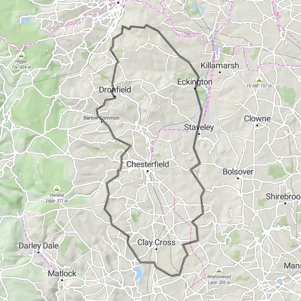 Map miniature of "Stretton to Stonebroom Road Challenge" cycling inspiration in Derbyshire and Nottinghamshire, United Kingdom. Generated by Tarmacs.app cycling route planner