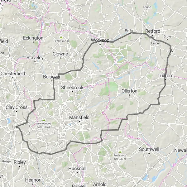 Map miniature of "The Sherwood Forest Loop" cycling inspiration in Derbyshire and Nottinghamshire, United Kingdom. Generated by Tarmacs.app cycling route planner