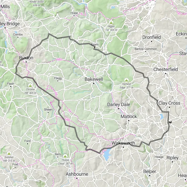 Map miniature of "The Peak District Challenge" cycling inspiration in Derbyshire and Nottinghamshire, United Kingdom. Generated by Tarmacs.app cycling route planner