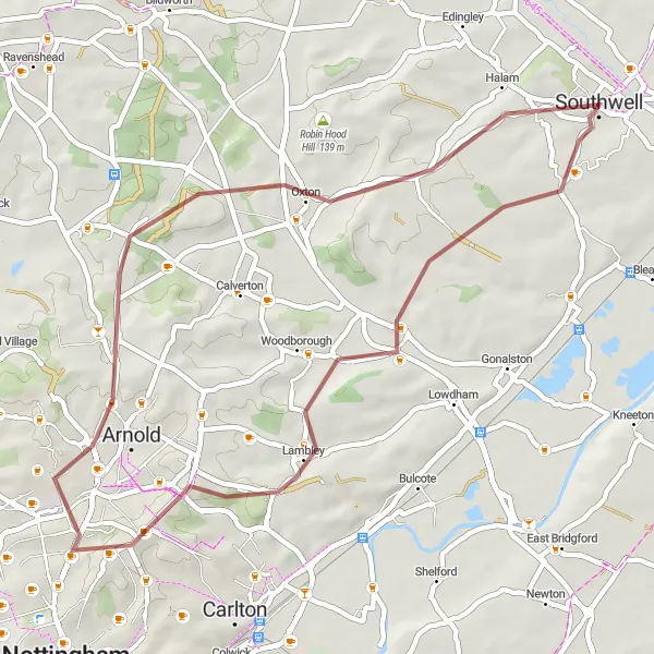 Map miniature of "Southwell to Halam Gravel Adventure" cycling inspiration in Derbyshire and Nottinghamshire, United Kingdom. Generated by Tarmacs.app cycling route planner